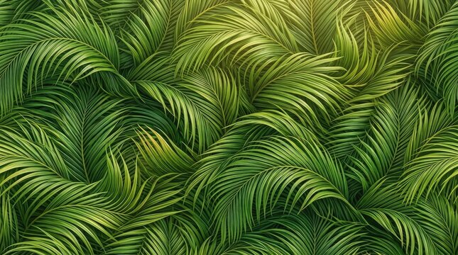 A dense, lush background of vibrant green palm fronds creates a tropical scene. The leaves are tightly packed, forming a textured, layered pattern.