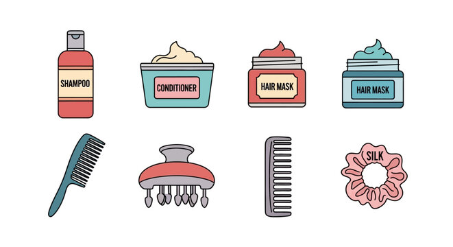 Hair Care Products and Accessories Flat Icons Set
