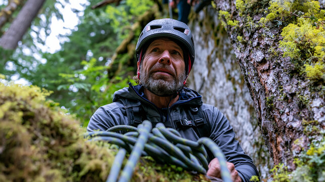 Rock climber belaying a partner above in an old growth forest, rope coiling neatly on a mossy ledge, both wearing harnesses over softshells, overcast sky framing the trunk column rising from the anc