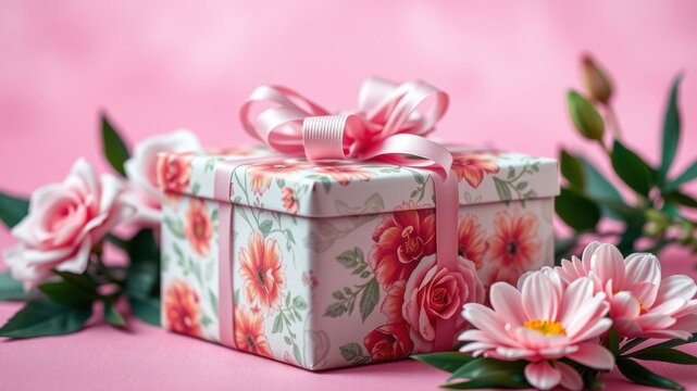 A delicately floral gift box tied with a pink ribbon, surrounded by soft pink flowers on a matching background.