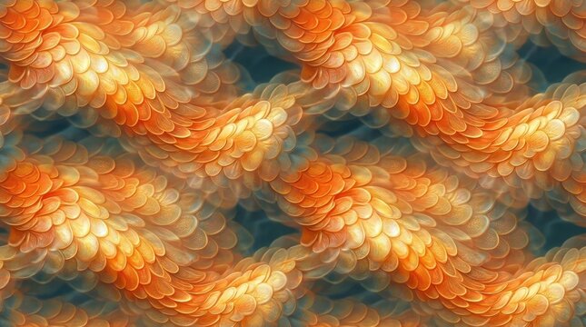A fractal image displays a swirling, undulating pattern of overlapping, stylized orange and gold flower petals.