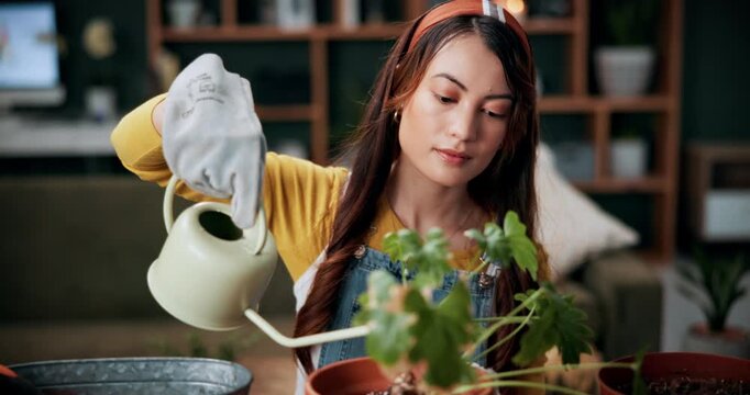 Gardening, woman and water plants in home for natural growth, healthy development or sustainability. Gardener, person or soil hydration with can for houseplant care, horticulture hobby or maintenance