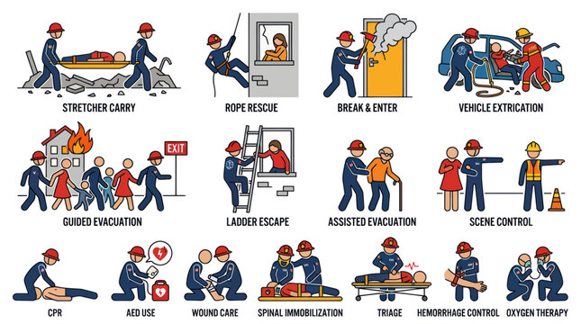 Emergency Rescue and Safety Procedures Icons Set