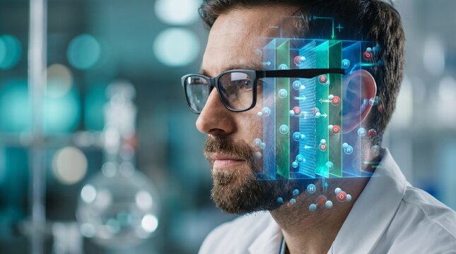 Scientist analyzing a holographic projection of a fuel cell membrane electrode assembly in a laboratory environment