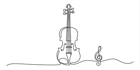Continuous single line drawing of a violin and a treble clef music note symbol © DCB Line Stocker