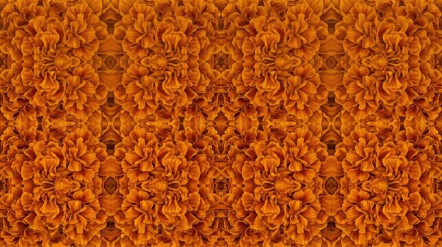 A symmetrical pattern of orange marigold flowers creates a repeating design. The flowers are densely packed and exhibit intricate petal arrangements.
