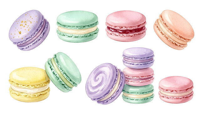 Watercolor macaron set illustration isolated on black background