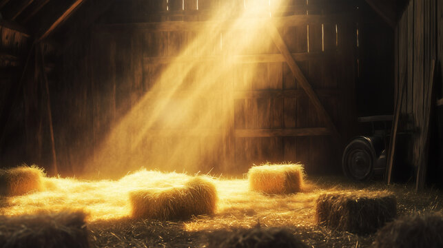 Serene barn interior with golden hay bales and sunbeams breaking through wooden walls