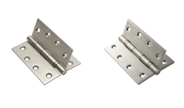 Two brushed stainless steel door hinges isolated on transparent background