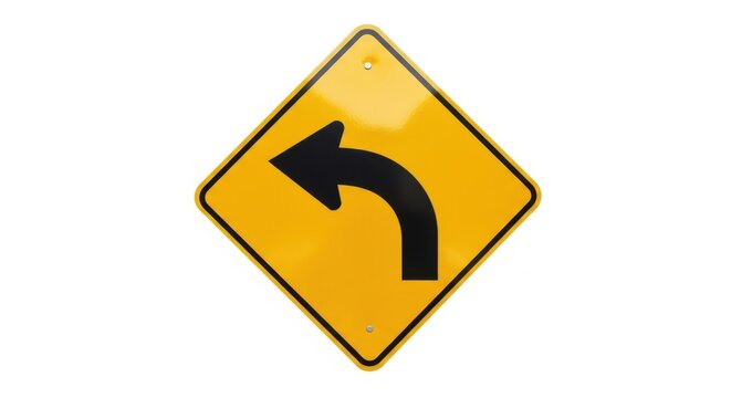 Yellow traffic sign with a black arrow indicating a sharp turn to the left