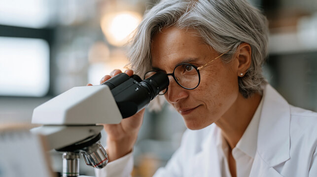 Longevity biotech researcher analyzing cellular aging tissue samples under advanced microscope in a well-funded private laboratory, lab notebooks annotated with trial data, golden