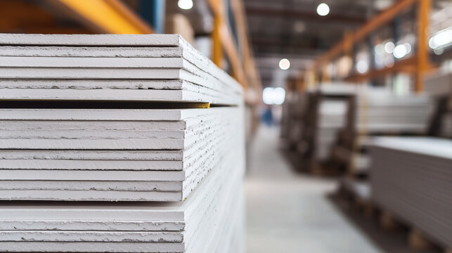 Close up of stacked drywall sheets in a building materials warehouse