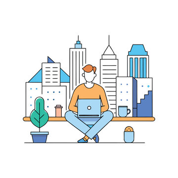 A man sits on a bench with a laptop in a city setting