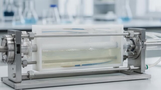 Medium shot focusing on flat sheet ultrafiltration cassettes in a bioprocessing setup showing efficient separation of proteins in a controlled laboratory setting