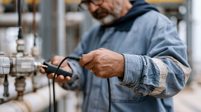 Close-up hands of elderly instrument technician connecting HART communicator to field transmitter on refinery pipe rack, loop calibration procedure, process instrumentation