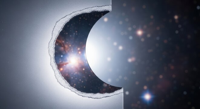 A torn opening reveals a vibrant cosmic galaxy with glowing stars and nebulae beyond a light surface