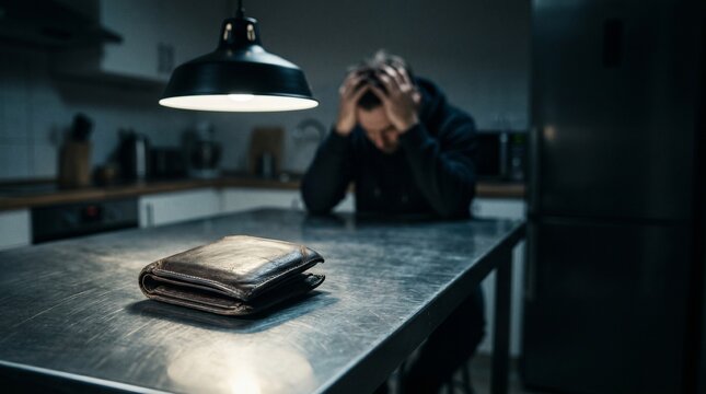 Depressed man holding his head in hands behind an empty wallet on kitchen table