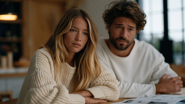 Young couple hunched over a kitchen table covered in co-living investment property brochures and rental yield spreadsheets, expressions tense with focused determination, modest