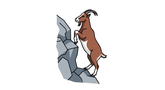 Mountain Goat with Horns Climbing Steep Rocky Cliff Illustration Isolated on White Background