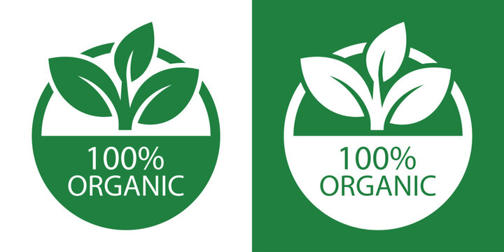 100 percent organic circular emblem set with big leaves. Green and white round frame badge icon for eco products
