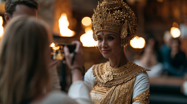 A travel blogger holds a camera up toward an elderly Balinese temple dancer mid-ceremony, a local guide steps gently between them, cultural tourism ethics and consent tension,