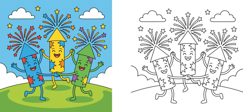 Cartoon fireworks coloring page for kids with colored example, cute rocket characters dancing on green grass under starry sky, educational activity sheet vector illustration