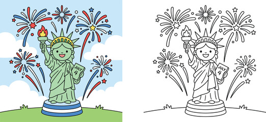 Cute Statue of Liberty with fireworks cartoon illustration and coloring book page set, Independence Day Fourth of July vector design element © MSTA