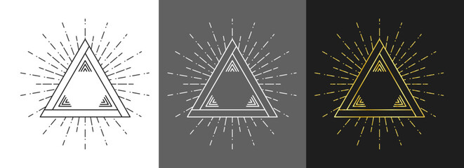 Geometric triangle badge with sunburst rays in outline style. Vintage sunbeam icon set on different backgrounds. © Taisiia