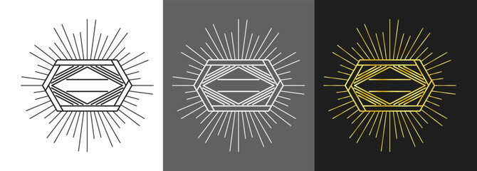 Geometric hexagon badge with radiating lines. Classic design in three color variations. © Taisiia