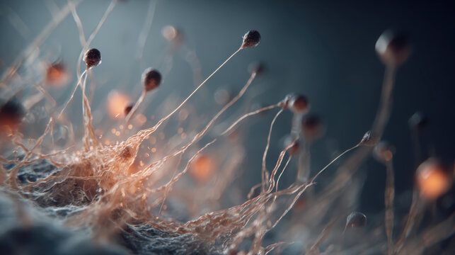 Microscopic macro photography of abstract mold spores growing on a texture surface with glowing organic details, fine filaments, and warm light bokeh effects over a dark atmospheric background