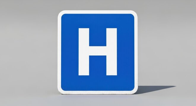 Blue hospital sign with white letter h on gray background