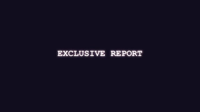 Animated exclusive report text decoding with glowing red cyber glitch and decrypting hacker terminal effect on dark background for news broadcast