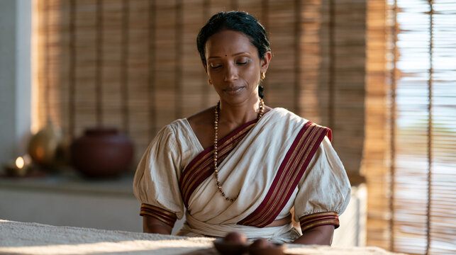 Ayurvedic massage therapist in a wellness resort explains the difference between her family's traditional technique and the spa menu version to a curious guest, traditional
