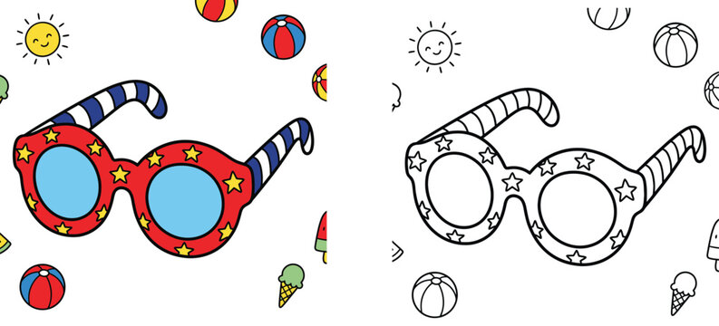 Summer sunglasses coloring page for kids with colored example, vector illustration of funny eyewear, beach ball, sun, and ice cream icons