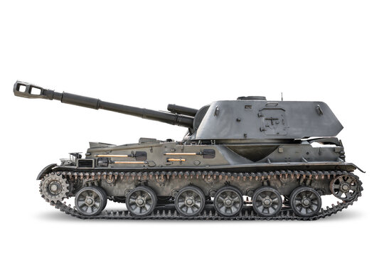 Self propelled artillery vehicle isolated on white background, tracked military combat machine with long barrel gun, historical armored artillery system of the Soviet era