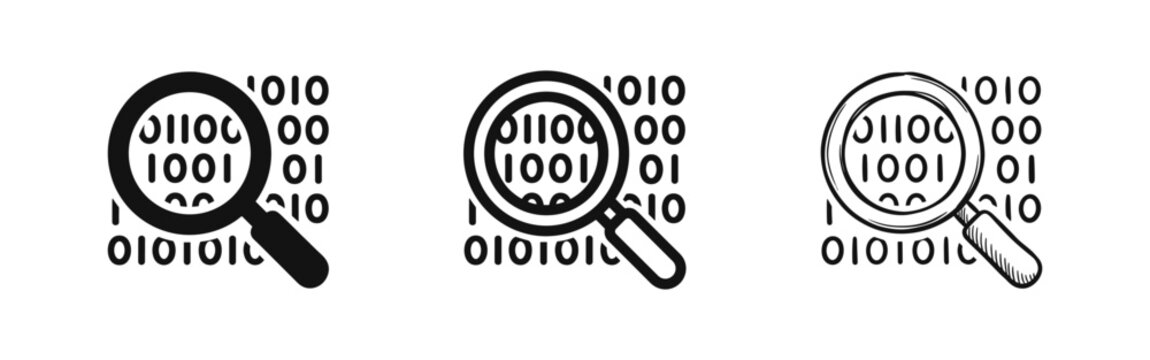 Data Analysis and Cyber Security Icon Set with Magnifying Glass and Binary Code