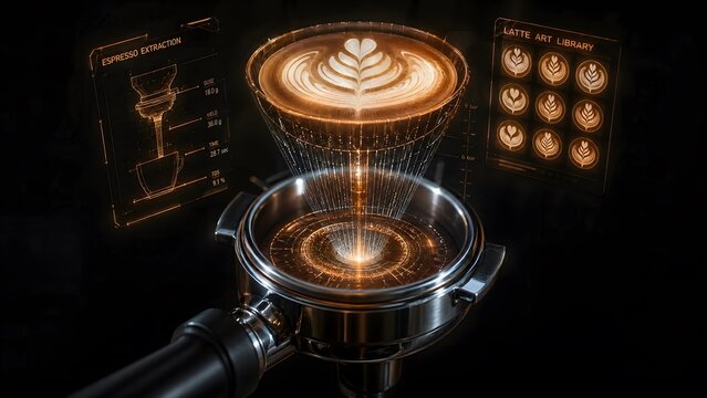 Futuristic 3D hologram of espresso extraction and latte art, glowing brown and white, projecting from a portafilter under cinematic sci-fi lighting