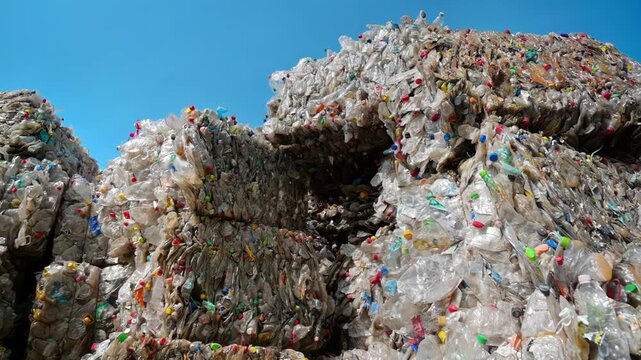 Compressed plastic bottle waste cubes stacked for recycling.
