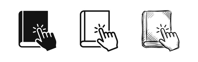 Fototapeta premium Book click icon set for e-learning and digital education in flat, outline and hand drawn style