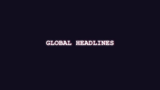 Glowing red Global Headlines typography emerging from randomized digital hacking code animation on solid dark background for international news media