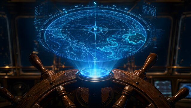 Futuristic 3D holographic nautical radar compass and ocean current mapping projecting from a ship's wooden wheel, cinematic sci-fi lighting
