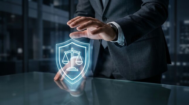 Businessman protecting glowing legal scales shield hologram