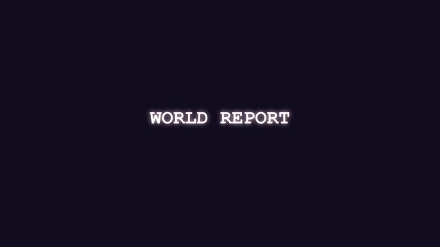 Red neon World Report text animation revealing through scrambled hacker cipher effect for global news intro
