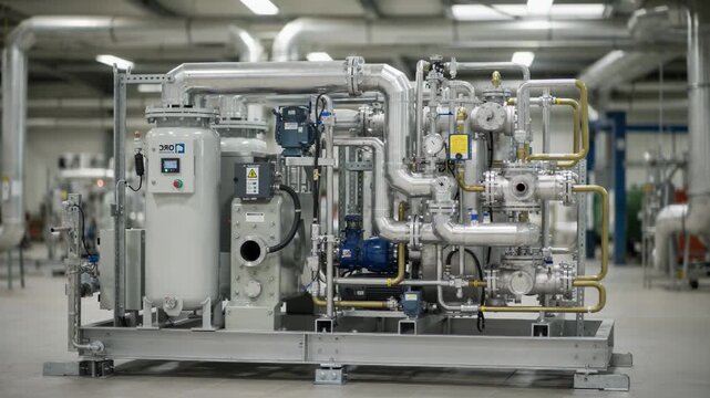 Medium shot focusing on a skidmounted organic Rankine cycle ORC unit emphasizing modular design and seamless integration with existing plant infrastructure