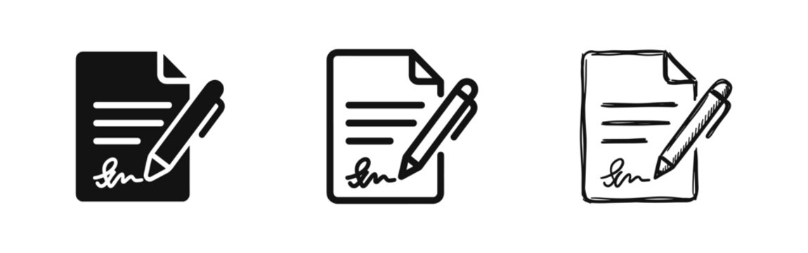 Contract signature icon set with paper and pen in flat, outline and hand drawn style