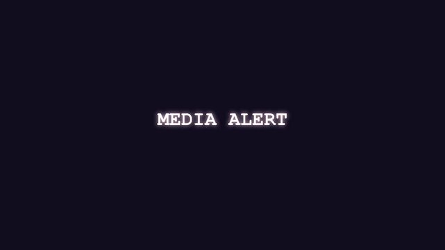 Scrambled red cyber code resolving into Media Alert typography for breaking journalism and press notification broadcast graphics