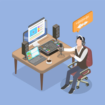 3D Isometric Flat Vector Illustration of Voice Over, Voiceover Actor Providing Commentary