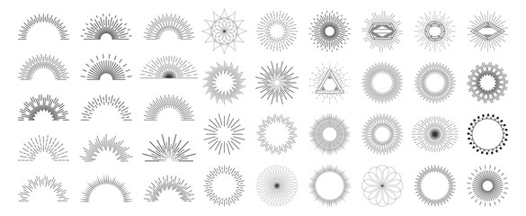 Sunburst vector icon set with outlined and linear rays. Circular light burst designs on white background. © Taisiia