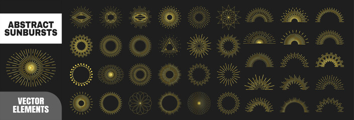 Abstract sunburst icon set with vintage radial rays. Decorative yellow sun elements collection on black. © Taisiia
