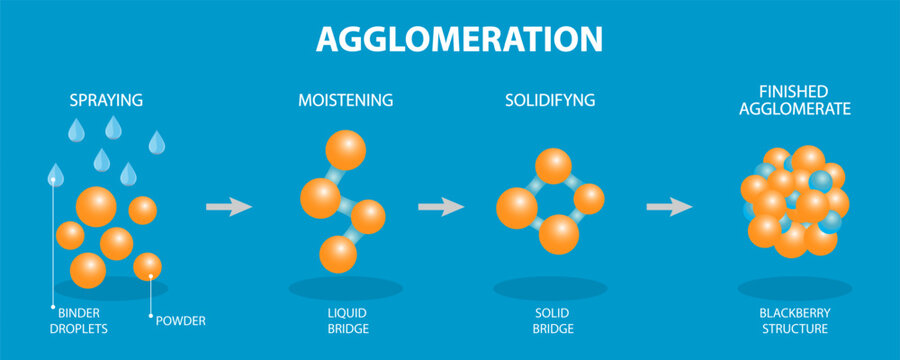 3D Isometric Flat Vector Illustration of Agglomeration, Explanation of the Process With Diagram Showing Powder And Bridge Formation.